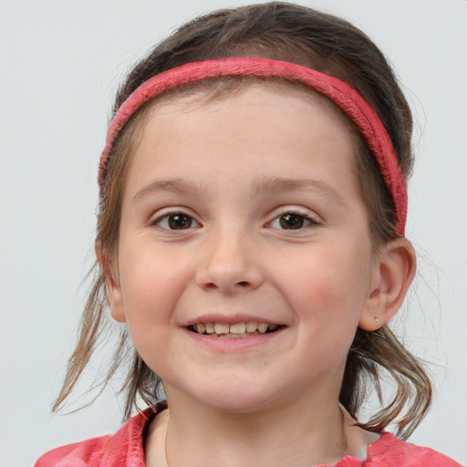 Joyful white child female with medium  brown hair and blue eyes