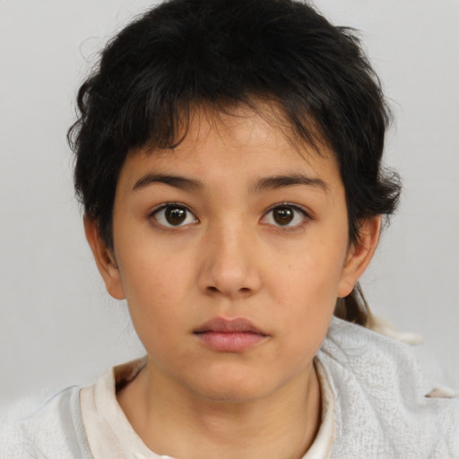 Neutral asian young-adult female with short  brown hair and brown eyes