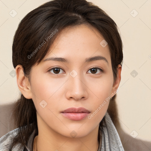 Neutral white young-adult female with long  brown hair and brown eyes