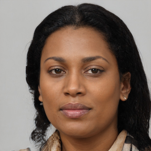 Neutral black young-adult female with medium  black hair and brown eyes