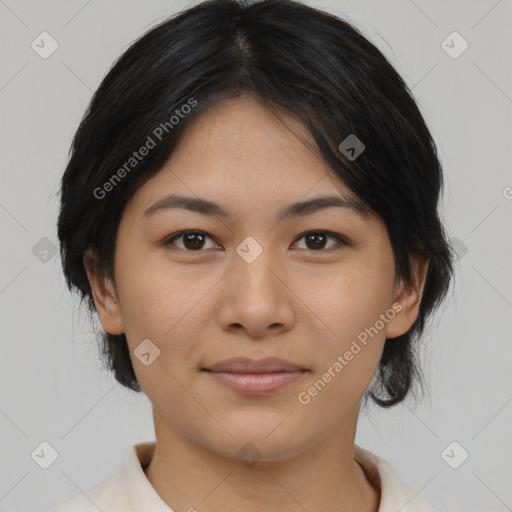 Joyful asian young-adult female with medium  black hair and brown eyes