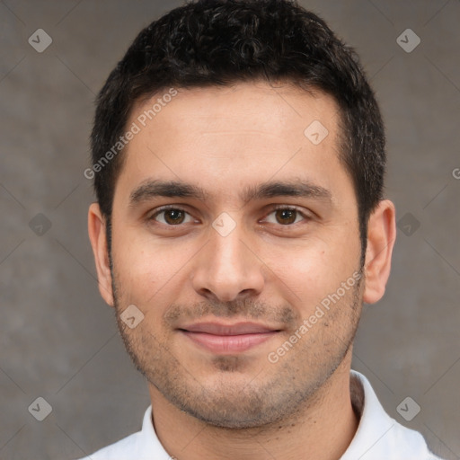 Joyful white young-adult male with short  brown hair and brown eyes