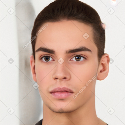 Neutral white young-adult male with short  brown hair and brown eyes