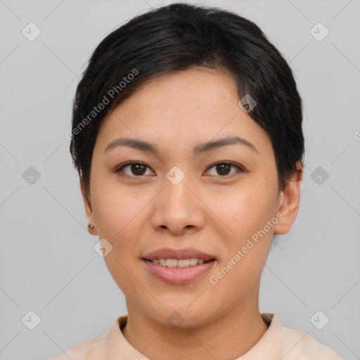 Joyful asian young-adult female with short  brown hair and brown eyes