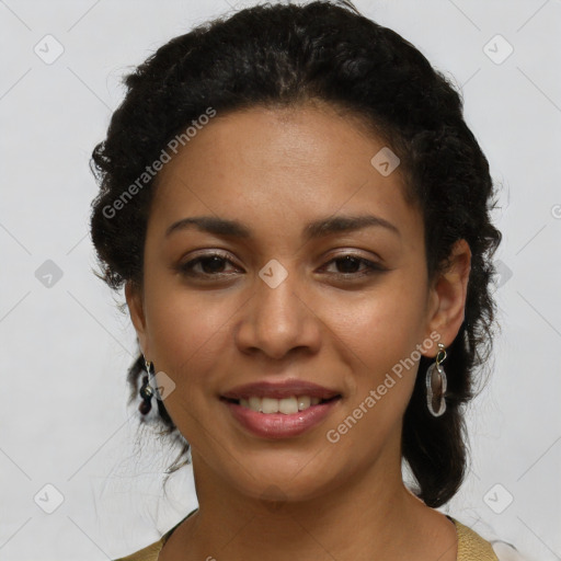 Joyful latino young-adult female with medium  black hair and brown eyes