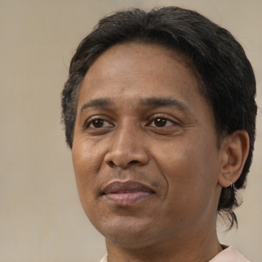 Joyful black adult male with short  black hair and brown eyes