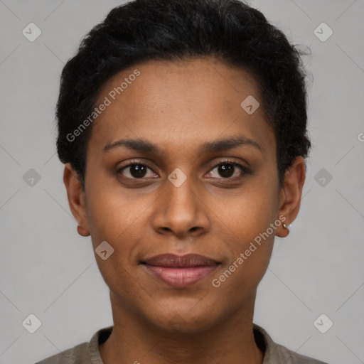 Joyful latino young-adult female with short  black hair and brown eyes