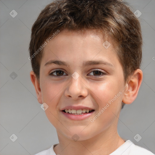 Joyful white child male with short  brown hair and brown eyes