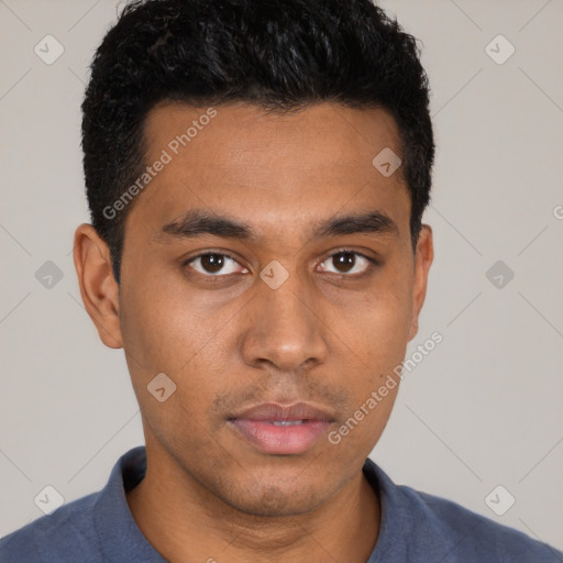 Neutral latino young-adult male with short  black hair and brown eyes