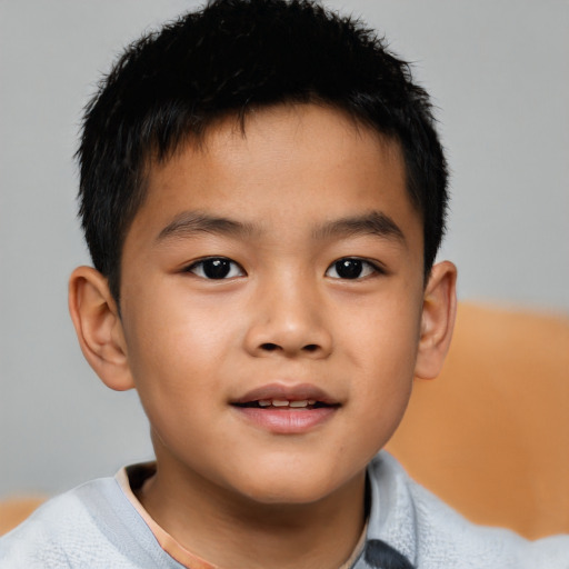 Joyful asian child male with short  brown hair and brown eyes