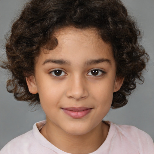 Joyful white child female with medium  brown hair and brown eyes