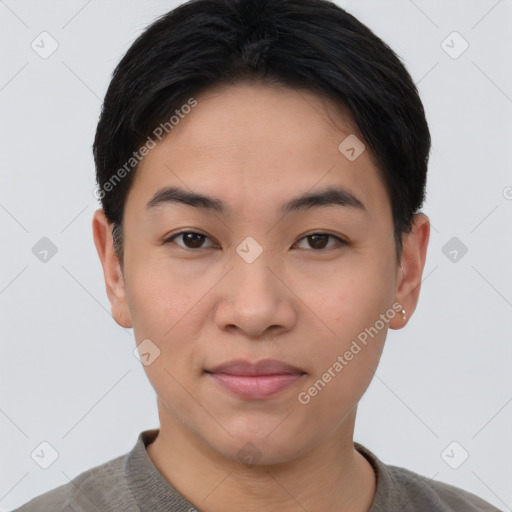 Joyful asian young-adult female with short  brown hair and brown eyes