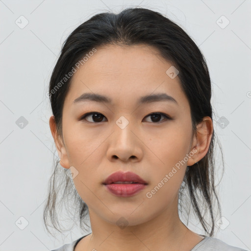 Neutral asian young-adult female with medium  black hair and brown eyes