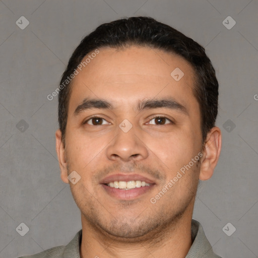 Joyful white young-adult male with short  black hair and brown eyes