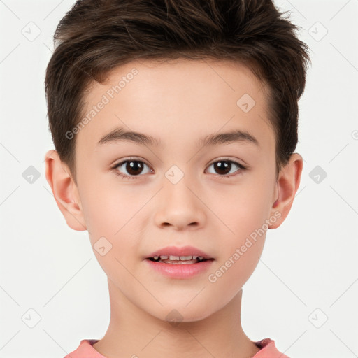 Joyful white child male with short  brown hair and brown eyes