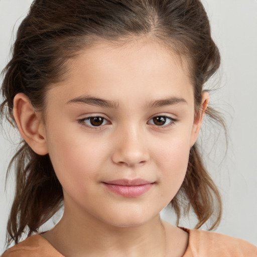 Joyful white child female with medium  brown hair and brown eyes