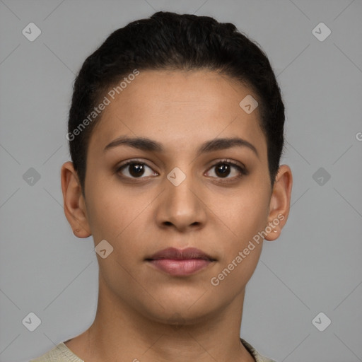 Neutral latino young-adult female with short  brown hair and brown eyes