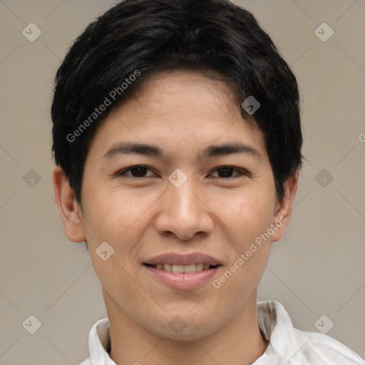 Joyful white young-adult male with short  black hair and brown eyes