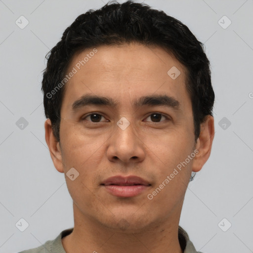 Neutral latino young-adult male with short  black hair and brown eyes