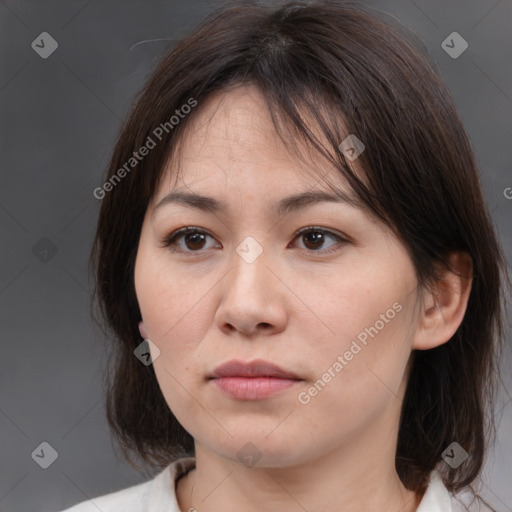 Neutral white young-adult female with medium  brown hair and brown eyes