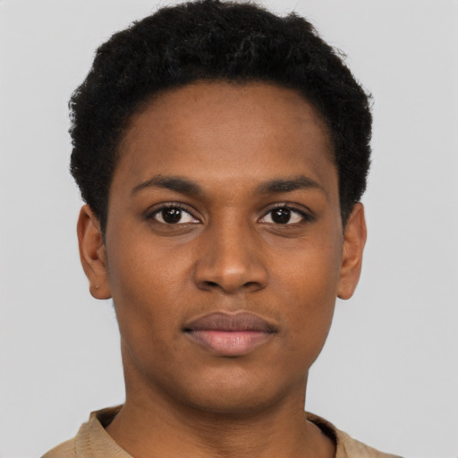 Neutral black young-adult male with short  black hair and brown eyes