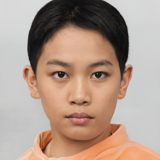 Neutral asian young-adult female with short  brown hair and brown eyes