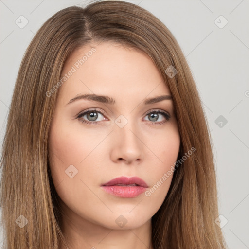 Neutral white young-adult female with long  brown hair and brown eyes