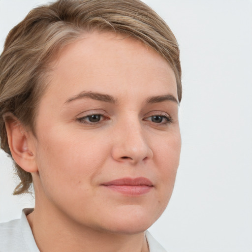 Neutral white young-adult female with medium  brown hair and brown eyes