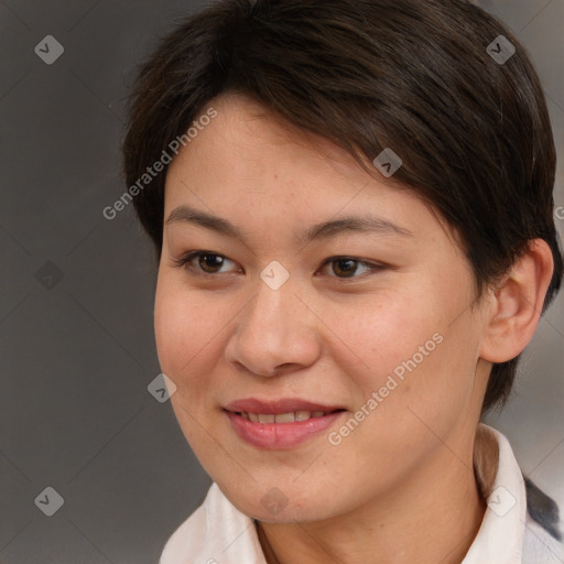 Joyful white young-adult female with medium  brown hair and brown eyes