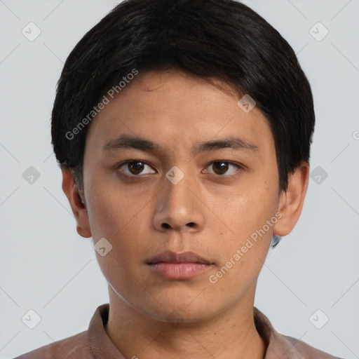 Neutral asian young-adult male with short  black hair and brown eyes