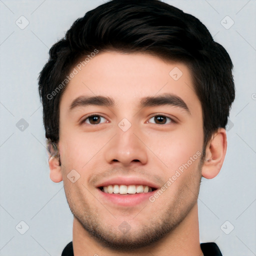 Joyful white young-adult male with short  black hair and brown eyes