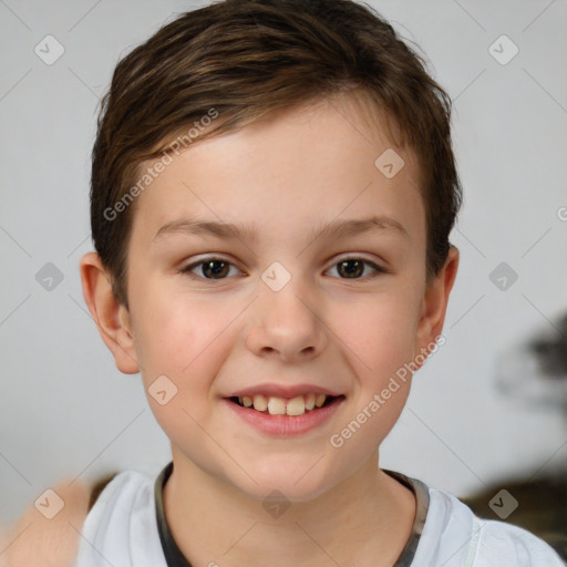 Joyful white child female with short  brown hair and brown eyes