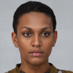 Neutral black young-adult female with short  brown hair and brown eyes