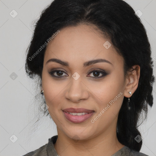 Joyful latino young-adult female with medium  brown hair and brown eyes