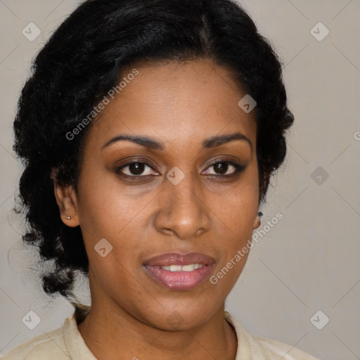 Joyful black young-adult female with medium  brown hair and brown eyes