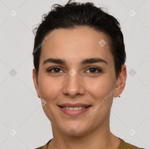 Joyful white young-adult female with short  brown hair and brown eyes