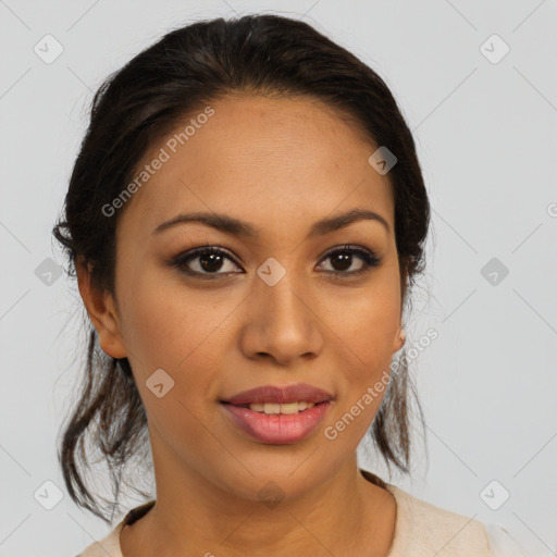 Joyful latino young-adult female with medium  brown hair and brown eyes