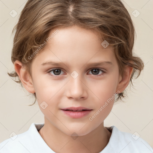 Joyful white child female with medium  brown hair and brown eyes