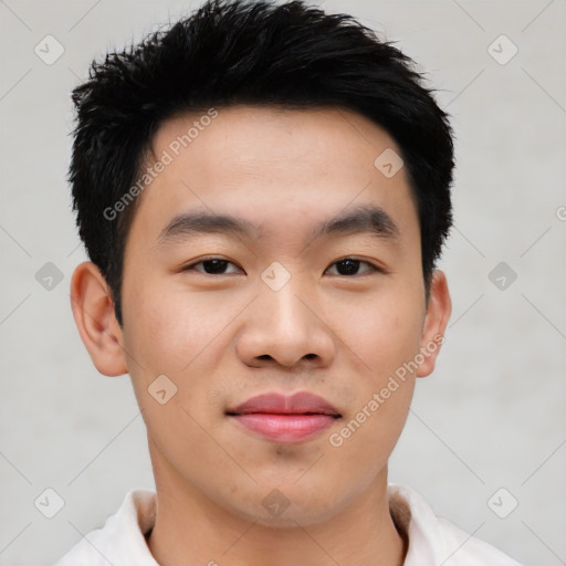 Joyful asian young-adult male with short  black hair and brown eyes