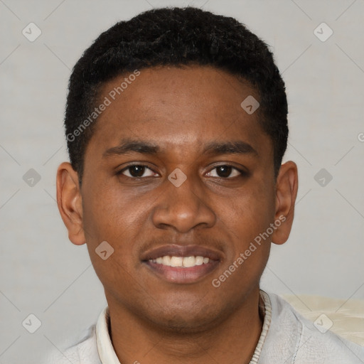 Joyful latino young-adult male with short  brown hair and brown eyes