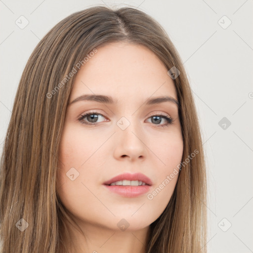 Neutral white young-adult female with long  brown hair and brown eyes