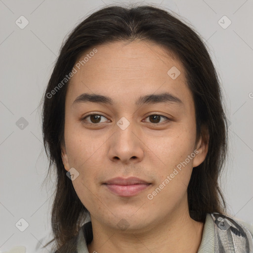 Joyful asian young-adult female with medium  brown hair and brown eyes