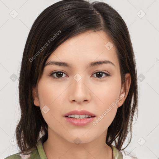 Neutral white young-adult female with medium  brown hair and brown eyes