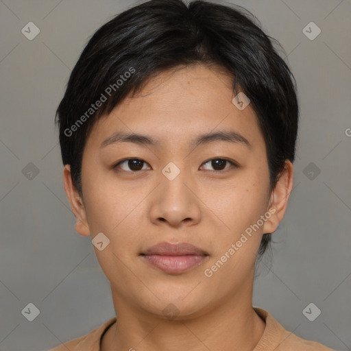 Neutral asian young-adult female with short  black hair and brown eyes