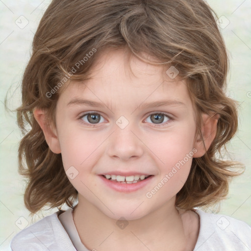 Joyful white child female with medium  brown hair and brown eyes