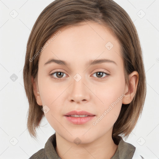 Neutral white young-adult female with medium  brown hair and brown eyes