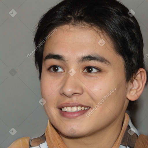 Joyful white young-adult male with medium  brown hair and brown eyes