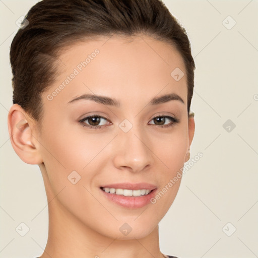 Joyful white young-adult female with short  brown hair and brown eyes