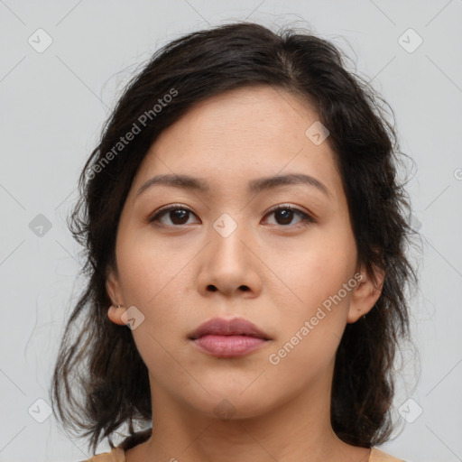 Neutral asian young-adult female with medium  brown hair and brown eyes