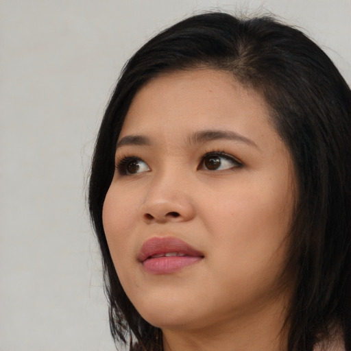 Joyful asian young-adult female with long  black hair and brown eyes